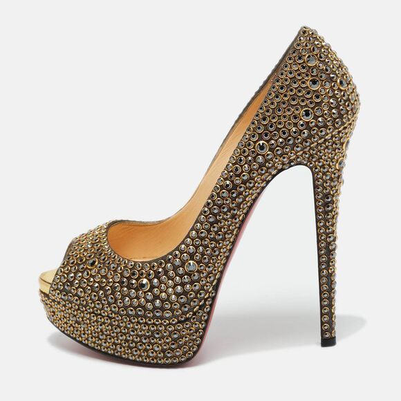 Christian Louboutin Gold Crystals And Leather Lady Peep Peep Toe Pumps Size 38